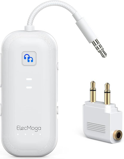 2026 Upgraded Airplane Bluetooth 5.4 Transmitter Bluetooth Adapter, ElecMoga Airplane Travel Essentials Supports 2 AirPods or Headphones, 2-in-1 AUX Wireless Transmitter Receiver for TV, Car, White
