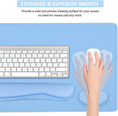 Large Keyboard Mouse Pad Set, Extended Mouse Pad+Keyboard Wrist Rest Support, Memory Foam Ergonomic Easy Typing, 4Pcs (35.4×15.14 in) Desk Pad Set for Home Office Study Game - Blue