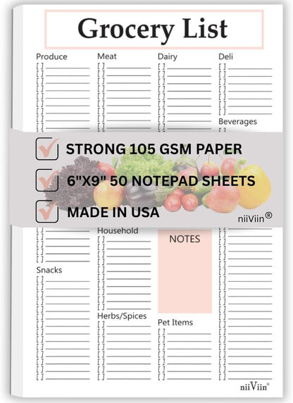 Grocery Shopping List Notepad - 6"x9" Grocery Checklist with Categories and Notes, Thick 105 GSM Paper, 50 Sheets, Easy Tear-Off and Take with You Pad for Food, Household, Pet, and Other Items
