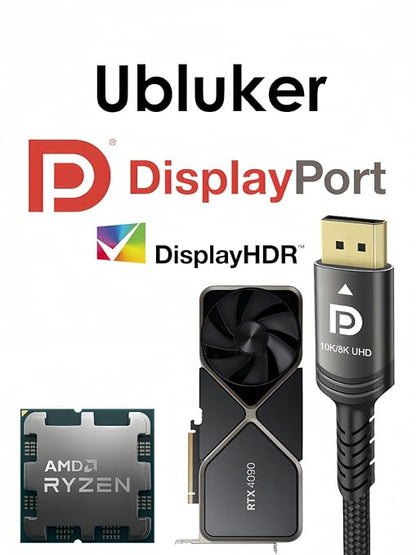 10K 8K DisplayPort 2.1 Cable 54Gbps 33 FT, Certified DP to DP Cord 4K 240Hz 165Hz 144Hz 120Hz 10K 8K 120Hz Nylon Braided UHBR HDCP2.3 FreeSync G-Sync RTX5090 Gaming Monitor PC Projector