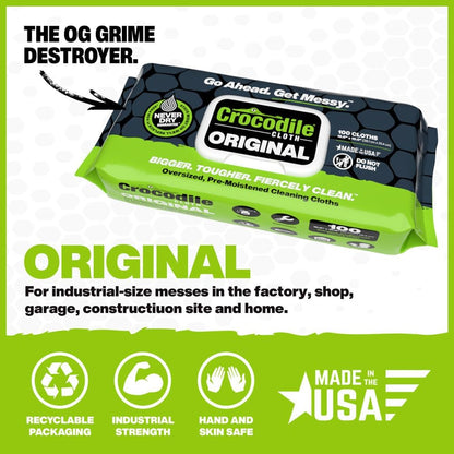 Crocodile Cloth Original Cleaning Wipes – 50 (15” x 10”) Hand & Tool Industrial Cleaning Wipes – Large Multi-Surface Cleaning Cloths, Water-Based Solution with Extreme Cleaning Power — Safe on Skin