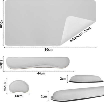 Bloss Leather Desk Pad and Keyboard Wrist Rest, Large Mouse Pad + Keyboard Pad+Mouse Wrist Support, Non-Slip Desk Mat Protector for Office, Home(31.5×15.7 Inches, Light Grey)
