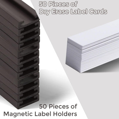 50 Pack Magnetic Label Holders, 'C' Channel Magnets Card Holders with Dry Erase Insert Label Card for Metal Racks and Shelves (0.5" x 3")