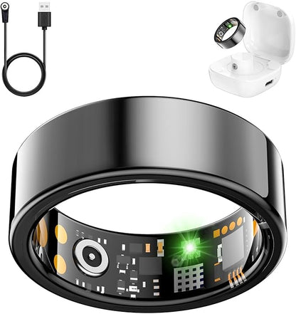 Smart Health Ring for Women Men, Fitness Tracker Ring with Heart Rate, Blood Oxygen, Sleep Tracker, Step Tracker, No Subscription Fee, IP68 Waterproof Smart Ring for iphone & Android (Black, 10#)