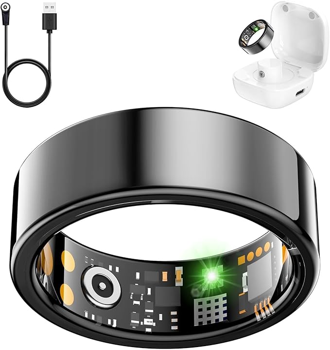 Smart Health Ring for Women Men, Fitness Tracker Ring with Heart Rate, Blood Oxygen, Sleep Tracker, Step Tracker, No Subscription Fee, IP68 Waterproof Smart Ring for iPhone & Android (Black, 8#)