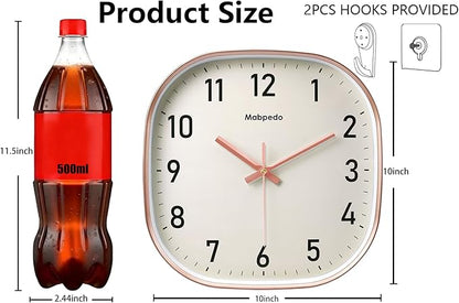 10 Inch Wall Clock, Silent Non Ticking Wall Clocks Battery Operated, Square Analog Decorative Wall Clocks for Bedroom Living Room Office Home Gym Porch Decor Indoor Outdoor Clock, Rose Gold