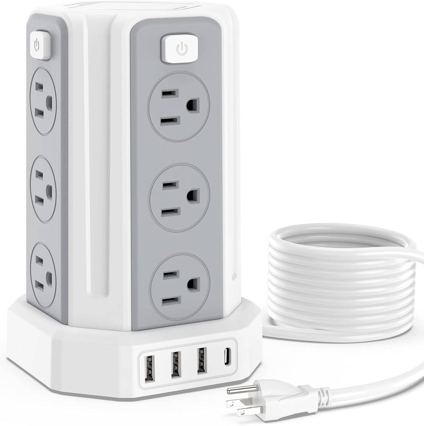 Power Strip Surge Protector, 10 Ft Extension Cord with 12 AC Multiple Outlets 4 USB (1 USB C), SMALLRT Power Tower Desktop Charging Station (White, 10 FT PD20W)