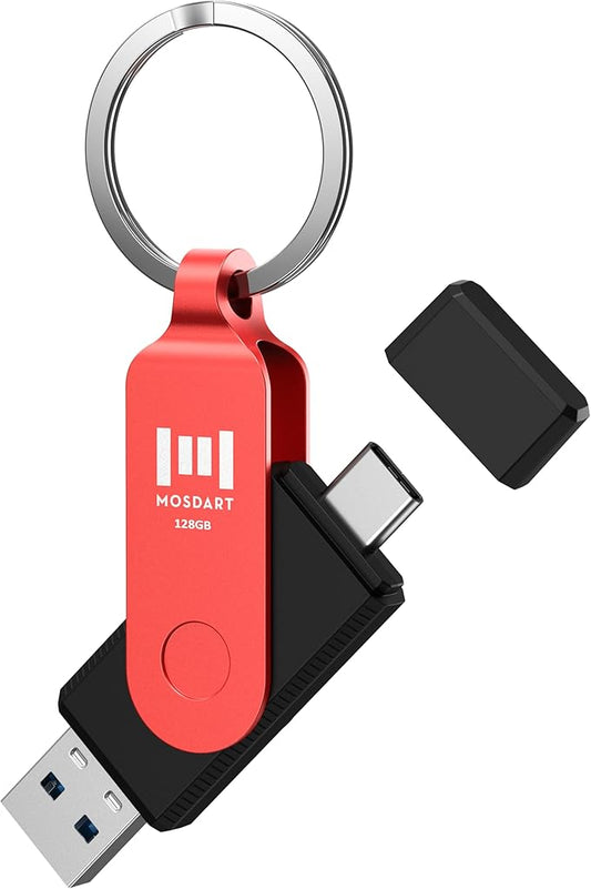 MOSDART 128GB USB3.1 Fast Speed C and A Dual Flash Drive, exFAT Memory Stick with Keychain and LED Indicator, for iPhone 15,16,17, Android Phone, iPad, MacBook, and Other Laptops, Red