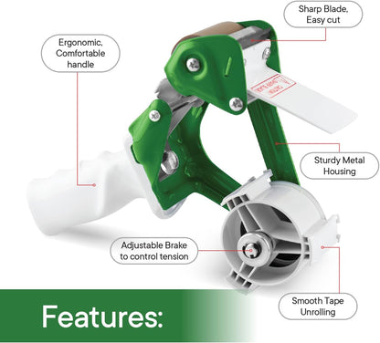 Heavy Duty Metal Frame Tape Gun - 3" Core with Special Ergonomic Handle - Packing Tape Dispenser with Premium Tempered Steel Blade for 2" Tape Rolls