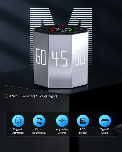 Pomodoro Timer, Magnetic Visual Timer with Flip Countdown, Silent & Alarm, Ideal ADHD Tools for Adults/Kids, Small Cube Digital Timer for for Office Productivity, Kitchen Cooking, Work, Study