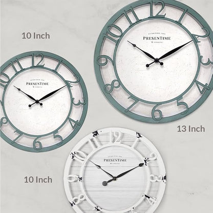 Presentime & Co 10" Farmhouse Series Wall Clock, Shiplap Style, Silent No Ticking, Raised 3D Arabic Numeral, Aged Teal Finish
