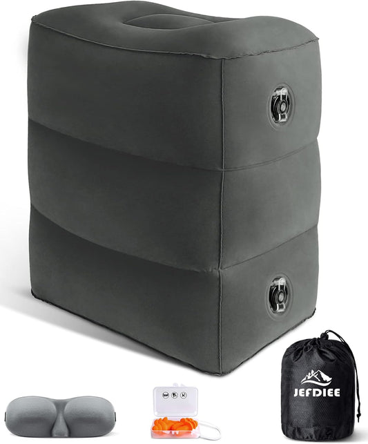 JefDiee Inflatable Travel Foot Rest Pillow, Kids Airplane Bed, Adjustable 3 Layers Height Leg Rest Pillow, Adults Travel Essentials Great for Airplane, Office, Home, Trains, Cars (Dark Grey)