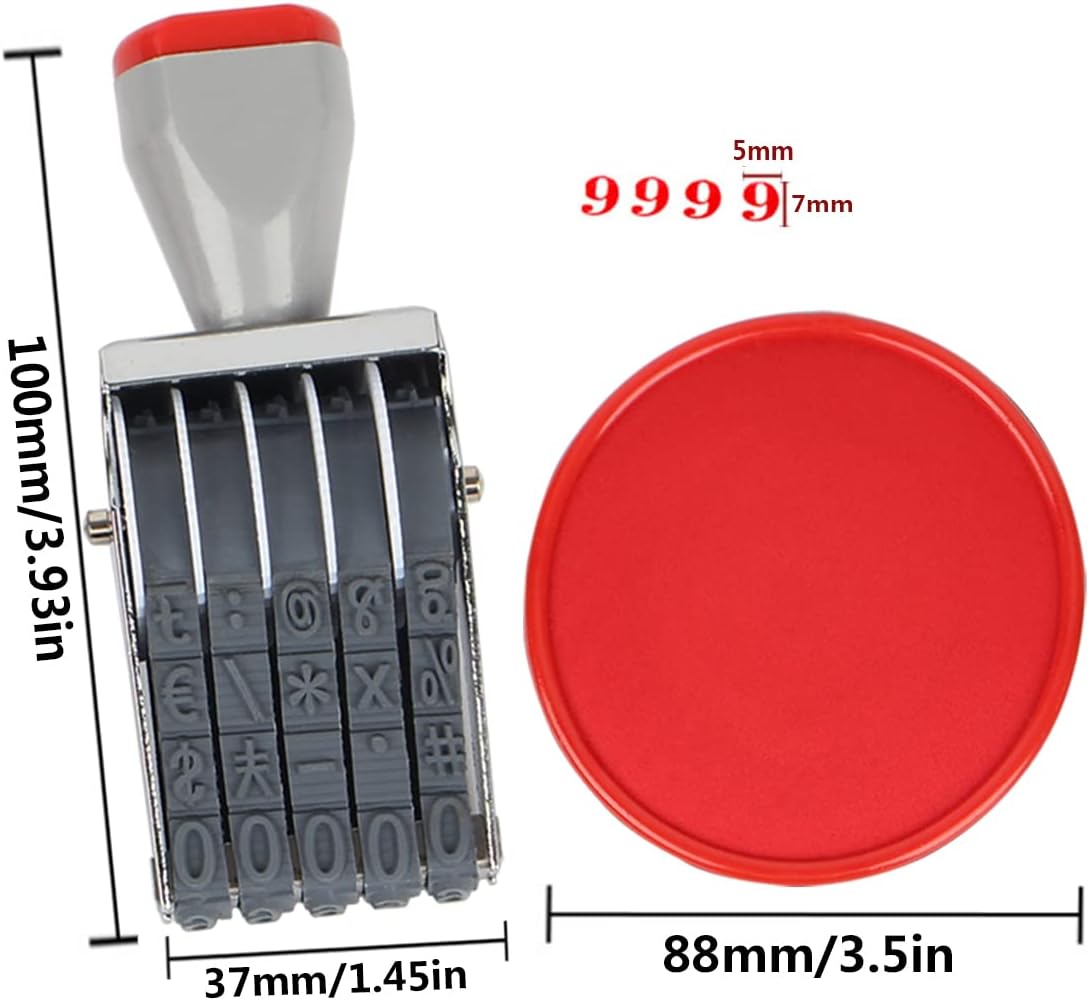 Rubber Number Stamps and Pad Kit, Multi-Function DIY 5 Digits Roller Stamp,Business Stamps Office Stamps Date Stamp with Red Stamp Pad Scrapbooking Roller Writing Paper