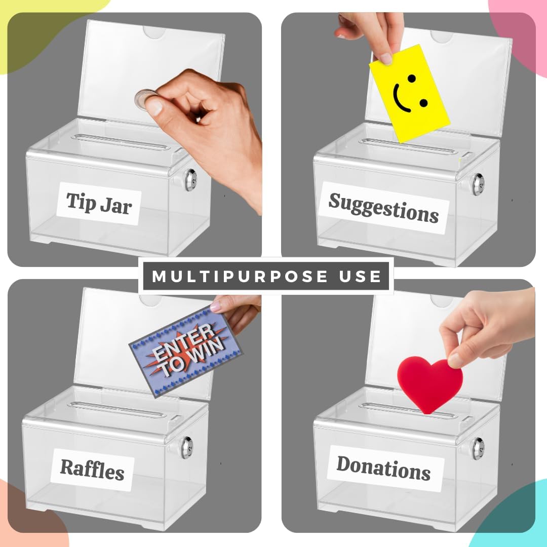 Adir Suggestion Box with Slot and Lock – Acrylic Donation Box for Fundraising, Drawing Box for Raffle, Funraiser Box, Tip Box with Lock - 6.25x4.5x 4 Inches voting box with slot and Sign Holder