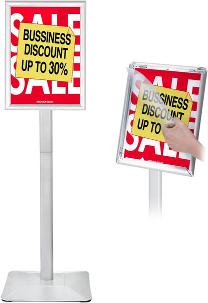 Heavy Duty Adjustable Pedestal Poster Sign Stand, 11x17 Aluminum Open Floor Standing Sign Holder for Vertical and Horizontal View Display, Silver