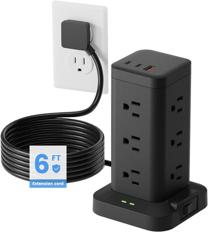 15-in-1 Power Strip Tower with Surge Protector 1800J, Fast Charging Tower PD20W USB-C Ports with 12 AC Outlets, 6ft Extension Cord for Home Office Dorm Room, Black