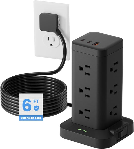 15-in-1 Power Strip Tower with Surge Protector 1800J, Fast Charging Tower PD20W USB-C Ports with 12 AC Outlets, 6ft Extension Cord for Home Office Dorm Room, Black