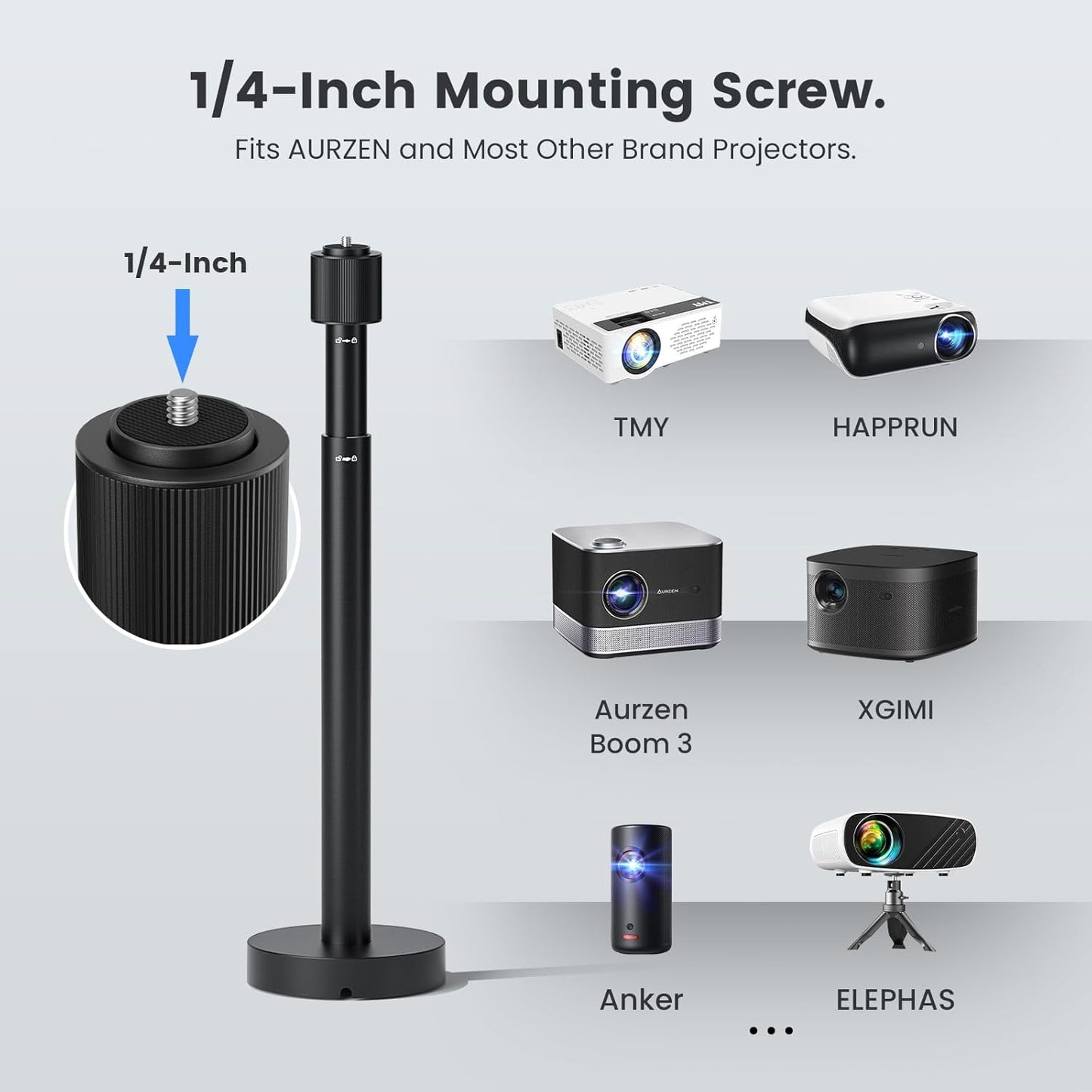 Aurzen Projector Ceiling Mount with New Gimbal, 15.75" - 23.62" Adjustable Length, ¼-Inch Screw, Compatible with TMY, HAPPRUN, Yaber, Epson & Most Projectors, Ceiling/Wall Use with Adjustable Angle