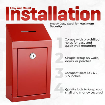 Metal Donation Box-Suggestion Box with Slot and lock-Cash Lock box for Money-Drop Box-outdoor waterproof mailbox and ballot box-comes with pre-drilled holes for easy wall mounting 10 X 6 X 2.5"(Red)