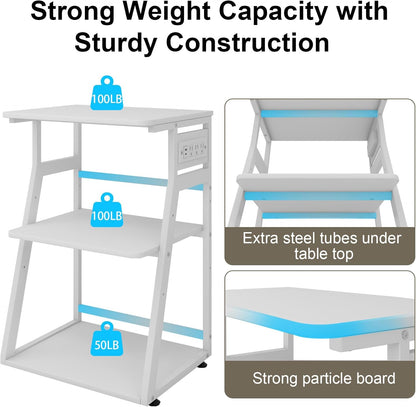 Natwind 23.6"x19.7" Large Printer Stand,3 Tier Printer Table with Charging Station, Rolling Cart with Adjustable Storage Shelf for Home Office Organization, Stand for Heat Press,3D Printer (White)