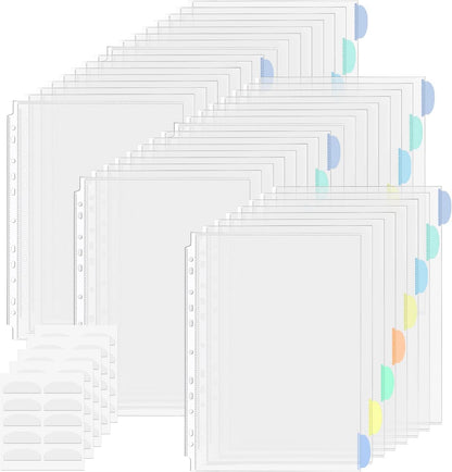 5 Set of 40 Pack A4 Plastic Sleeves Binder Index Dividers Pocket Dividers for 2/3/4 Ring Binder with 8 Tabs，Clear Plastic Sheet Protectors Paper Organizer for School Home Office