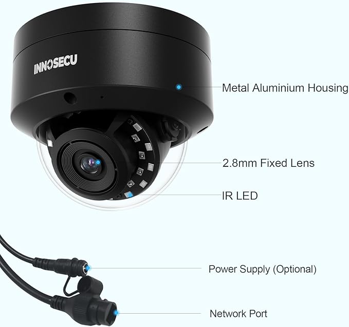 AI 8MP IP PoE Camera, Vandal-Proof Security Surveillance Dome Camera Outdoor, Face Detection, Human/Vehicle Detection, 2.8mm Lens 110°, Built-in Mic, No PT Supported IND8BR54A-B (Black)