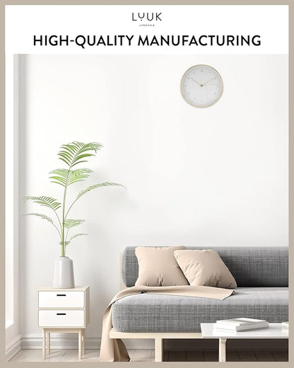 LUUK LIFESTYLE Silent Quartz Wall Clock, Nordic and Minimalist Design, Interior Decoration for Living Room, Kitchen, Bedroom, White and Gold
