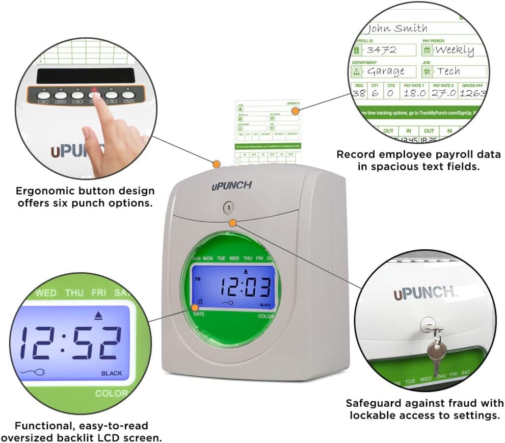 uPunch HN3500 Advanced Time Clock Bundle for Small Business: Complete Employee Time Tracking System with 100 Time Cards, 2 Racks, 2 Ribbons, and 6 Keys