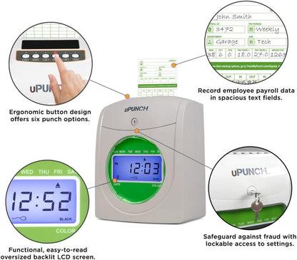 uPunch HN3500 Advanced Time Clock Bundle for Small Business: Complete Employee Time Tracking System with 100 Time Cards, 2 Racks, 2 Ribbons, and 6 Keys