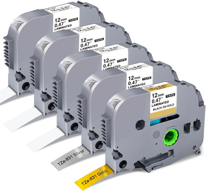 5-Pack Label Maker Tape 12mm 0.47 Inch Laminated White/Gold/Silver Muti-Color Replace for Brother TZe TZ Tape TZe-231 TZe-831 TZe-931 Compatible with Brother P-Touch PT- D210 D220 H110 D400AD