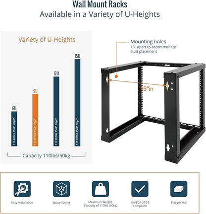 Tecmojo 9U Fixed Wall Mount Network Rack 15.8inch Depth Open Frame for Server Data/AV/IT/Communication/Computer Equipment/Patch Panel Heavy Duty