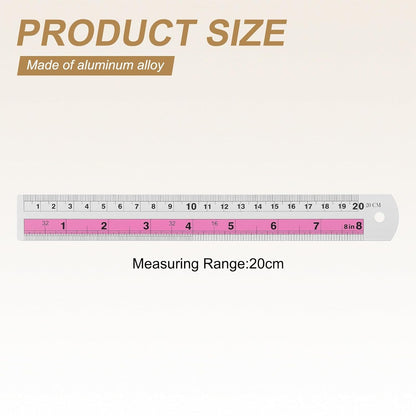 HARFINGTON 2pcs Metal Straight Ruler 20cm Metric SAE Aluminum Alloy Measuring Rulers Scale Tools with Hole for Measure Study Reading Classroom Office, Pink
