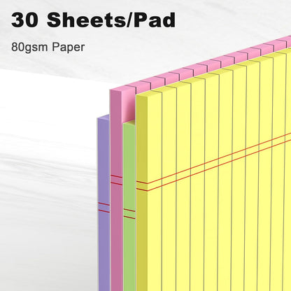 Colored Legal Pads 8.5 x 11 Note Pads, Wide Ruled Sturdy Back Writing Pads 30 Sheets/Pad, 20lb Colored Paper, Perforated Notepad with Sturdy Back (4 Pads)