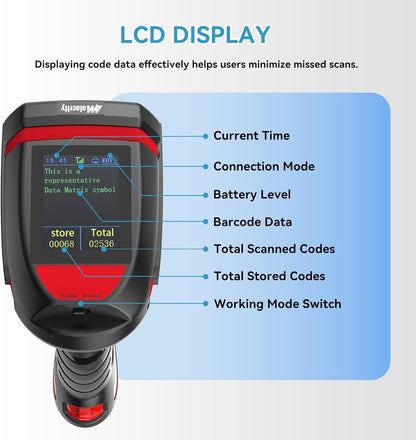 Alacrity Wireless Charging Barcode Scanner with Display Screen, 1D/2D Symbologies, Global Shutter Sensor, Long-Distance 433MHz Wireless & Bluetooth Connectivity, Industrial Shock and Dust-Proof, Green