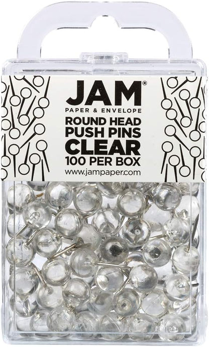 JAM PAPER Colorful Push Pins - Round Head Map Thumb Tacks - Clear Pushpins - 100/Pack