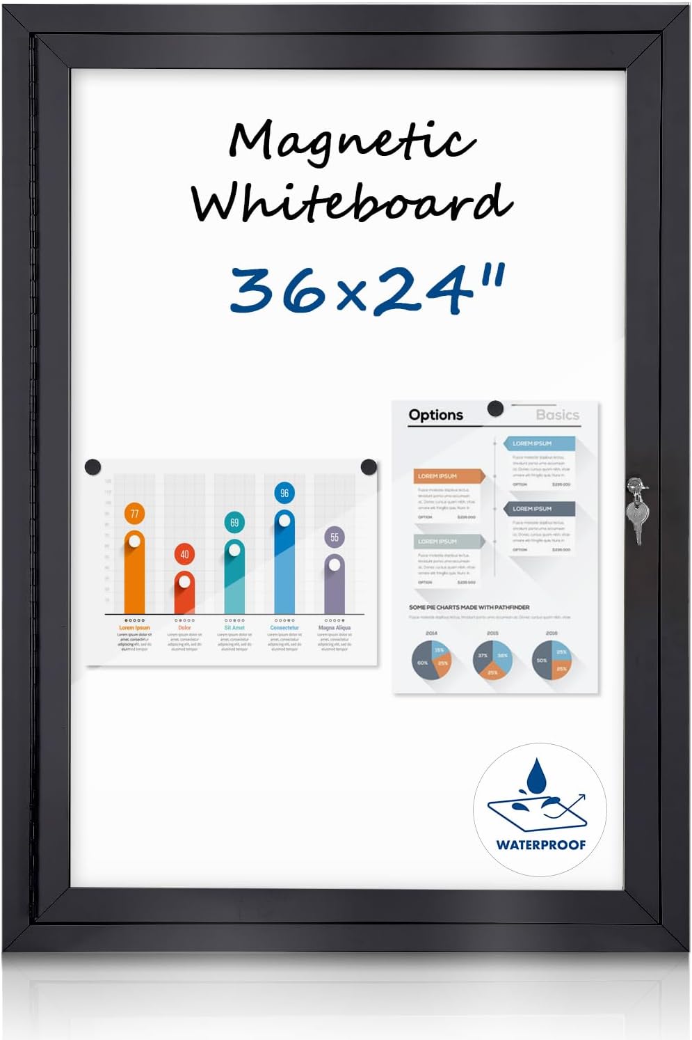 Outdoor Bulletin Board 36x24 in, Weatherproof Enclosed Bulletin Board with Locking Door, Magnetic Whiteboard, Black Aluminum