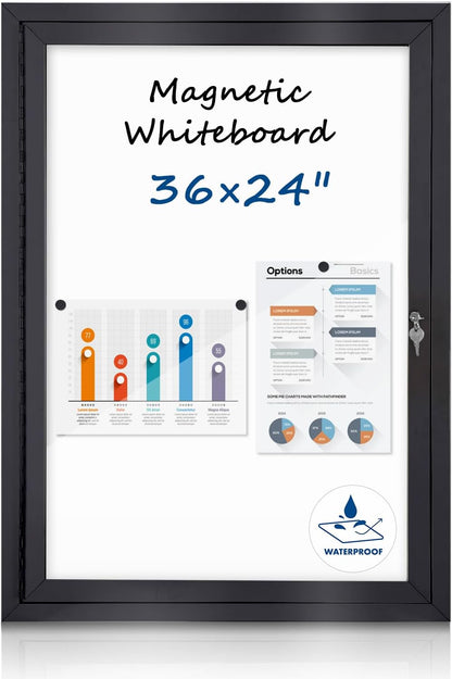 Outdoor Bulletin Board 36x24 in, Weatherproof Enclosed Bulletin Board with Locking Door, Magnetic Whiteboard, Black Aluminum