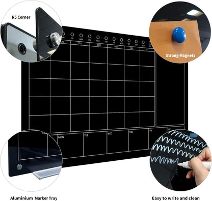 Magnetic Glass Whiteboard 36X24 Monthly Planner Calendar Dry Erase Board for Home, School, Office, Frameless, with Markers, Marker Tray, Eraser, Magnets (Black)