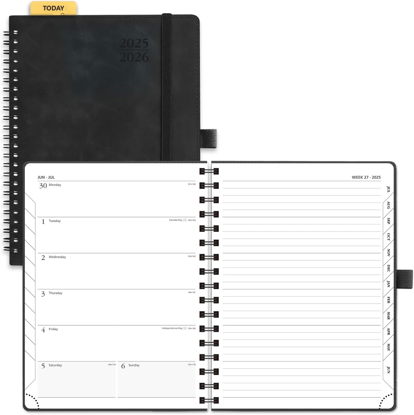 POPRUN Planner 2025-2026 Weekly Notebook (Medium 8.5''x 6.5''), Academic Calendar (JUL.25 - JUN.26) Appointment Book with Monthly Tabs, Spiral Soft Cover, Inner Pocket, 100 GSM - Black