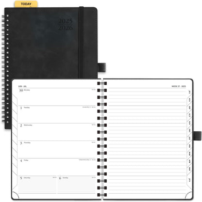 POPRUN Planner 2025-2026 Weekly Notebook (Medium 8.5''x 6.5''), Academic Calendar (JUL.25 - JUN.26) Appointment Book with Monthly Tabs, Spiral Soft Cover, Inner Pocket, 100 GSM - Black