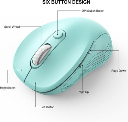 WisFox 2.4G Wireless Mouse for Laptop, Ergonomic Computer Mouse with USB Receiver and Type-C Adapter, 3 Adjustable Levels DPI, 6 Button Cordless Wireless Mice (Mint Green, 1 Pack)