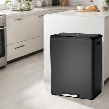 Dual Trash Can with Lid, 16 Gallon/60L Stainless Steel Recycling Trash Bin with 2 Removable Waste Buskets and Wide Pedal, Black Garbage Bin for Home Kitchen