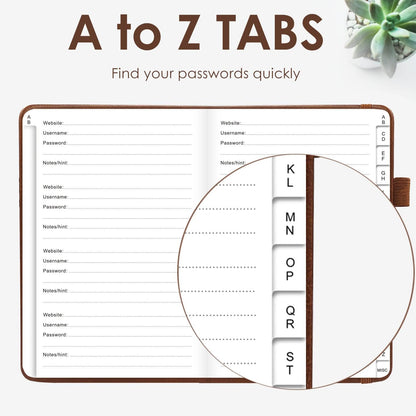 Elegant Password Book with Alphabetical Tabs - Hardcover Password Book for Internet Website Address Login - 5.2" x 7.6" Password Keeper and Organizer w/Notes Section & Back Pocket(Brown)