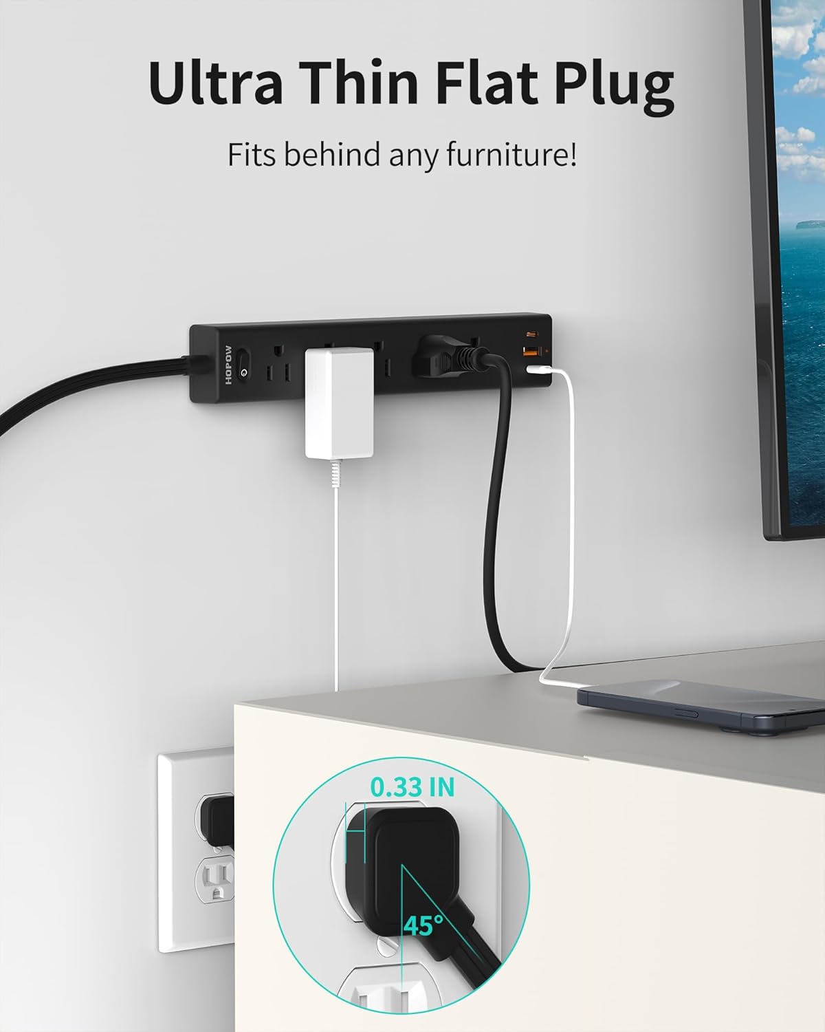 Power Strip Surge Protector, 10 Ft Ultra Flat Extension Cord, Surge Protector with 5 Outlets & 3 USB Ports (2 USB C), 1700 Joules, Wall Mount, Desktop Charging Station for Home Office, Black