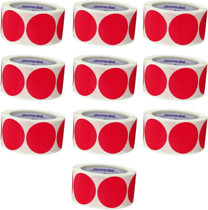 ChromaLabel 2 Inch Round Circle Stickers, Permanent Adhesive Dots for Color Coding, Blank Circle Labels for Office and School, Red Dot Stickers - 500 Labels per Roll, Red - Case of 10