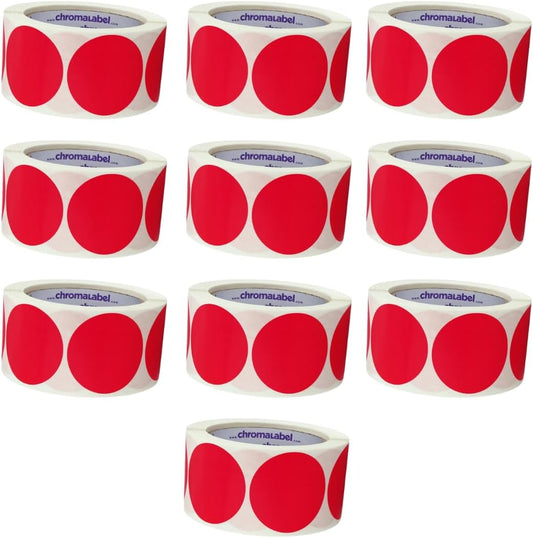 ChromaLabel 2 Inch Round Circle Stickers, Permanent Adhesive Dots for Color Coding, Blank Circle Labels for Office and School, Red Dot Stickers - 500 Labels per Roll, Red - Case of 10