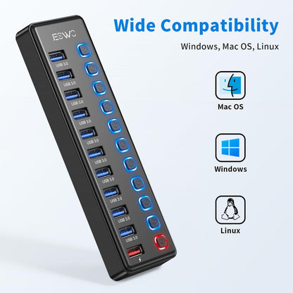 Powered USB Hub, JESWO 11 Port USB 3.0 Hub, 10 USB 3.0 Data Transfer Ports + 1 Smart Charging Port, USB Hub Powered with Individual LED On/Off Switches and 12V/3A Power Adapter