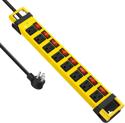 Heavy Duty Power Strip with Individual Switches,8 Outlets 14 Gauge Industrial Shop Garage Metal Multiple Outlets,1200J Surge Protector Mountable Power Strip,6FT Extension Cord Management(Yellow)