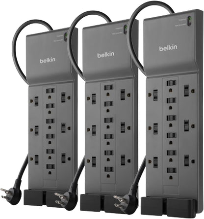 Belkin 12-Outlet Surge Protector Power Strip w/ 12 AC Outlets & 8ft Flat Plug, UL-Listed Heavy-Duty Extension Cord for Home, Office, Travel, Computer, Laptop, Charger - 3,940 Joules, Pack of 3