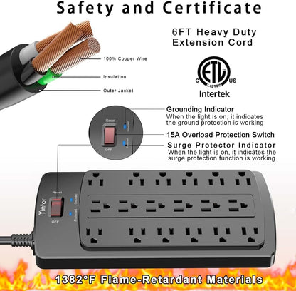 6FT Yintar Surge Protector Power Strip - Flat Plug Extension Cord with 18 AC Outlets for Home, Office, Dorm Essentials, 2100 Joules, ETL, Black